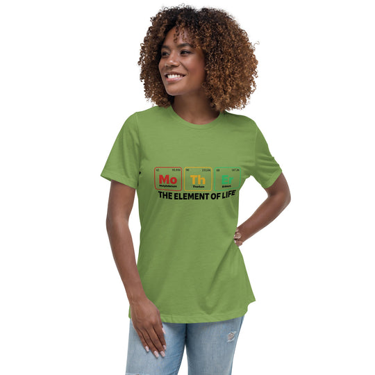 Woman wearing green "Mother - the Element of Life" light relaxed t-shirt, smiling with hand on hip.