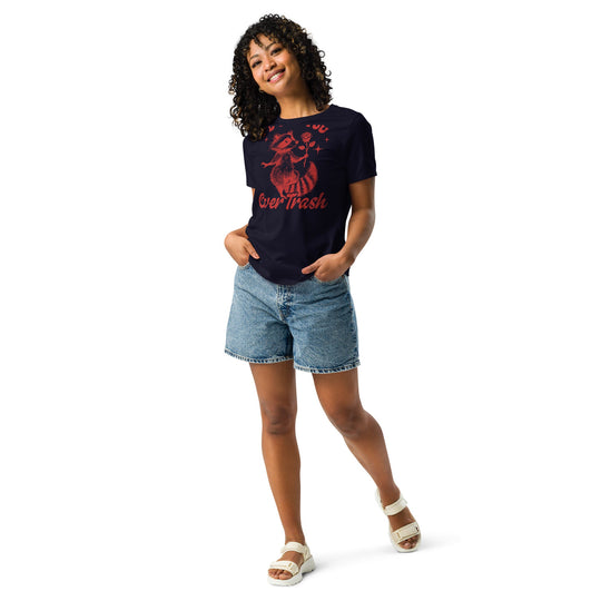 Red "I'd Pick You Over Trash" women's relaxed t-shirt with graphic design, worn by a model in casual outfit.