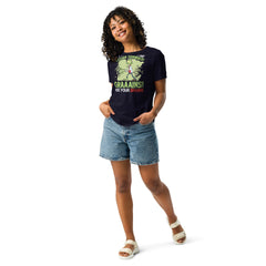 Woman wearing a relaxed-fit t-shirt with a vegan zombies graphic design.