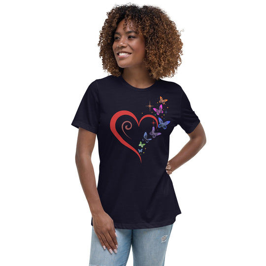 Heart, butterflies, and stars design on women's relaxed t-shirt.