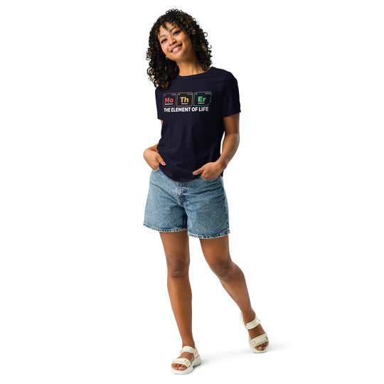 Dark women's relaxed t-shirt with "Mother - The Element of Life" design, worn casually with shorts.