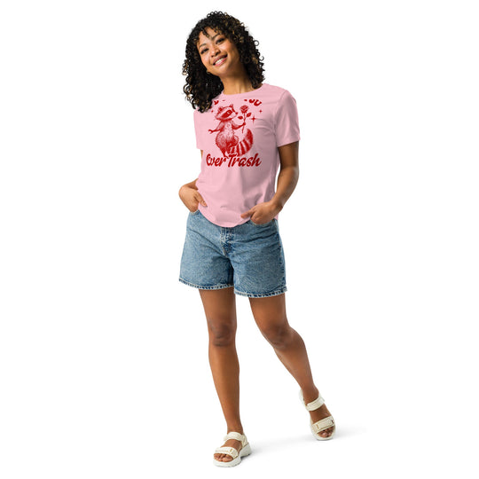 Red women's relaxed t-shirt with "I'd Pick You Over Trash" slogan, featuring a raccoon print.