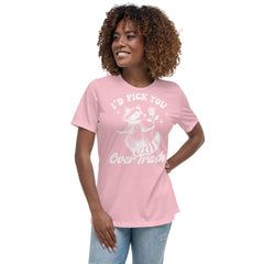 Women's relaxed t-shirt with "I'd Pick You Over Trash" design featuring raccoon and flower, whimsical and romantic.
