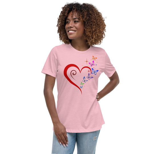 Heart, butterflies, and stars design on women's relaxed pink t-shirt.