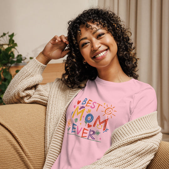 Best Mom Ever Women's Relaxed T-Shirt, soft pink cotton, comfortable fit.