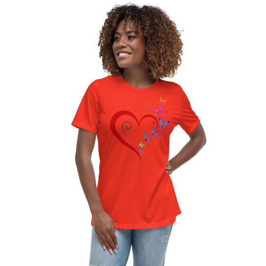 Heart, butterflies, and stars design on women's relaxed t-shirt, red fabric.