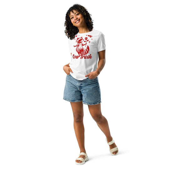Red women's relaxed t-shirt with a cute trash-themed design, casual style.