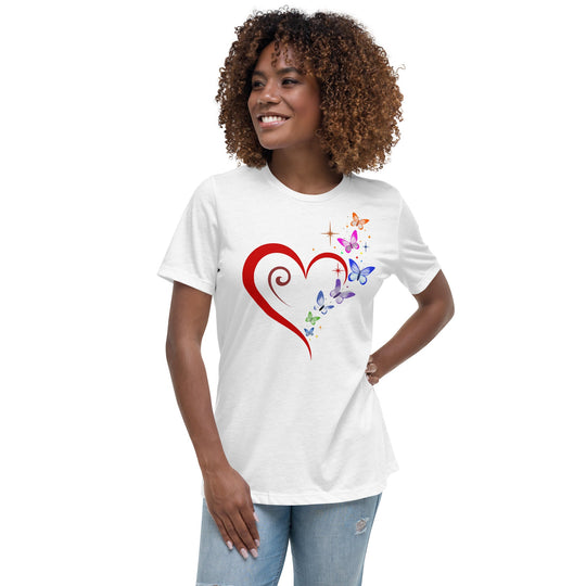 Women's relaxed t-shirt with heart, butterflies, and stars design.