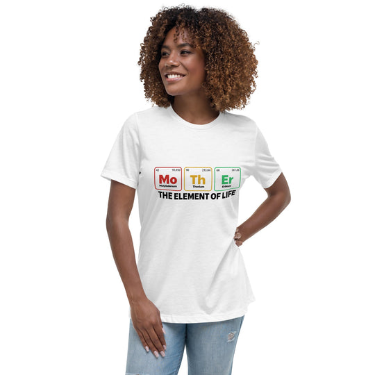 Mother the Element of Life T-Shirt, women's relaxed fit, soft fabric, white color with periodic table style print.